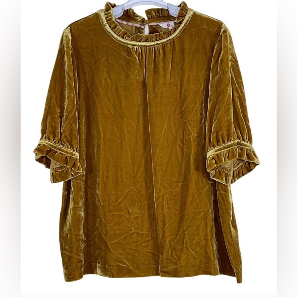 Boden Mustard  crushed Velvet Blouse size 8 holiday look vintage sleeve - Picture 2 of 7